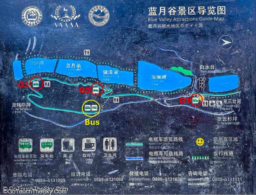 แผนที่เส้นทางเดินเที่ยวหุบเขาพระจันทร์สีน้ำเงินและจุดขึ้นลงรถกอล์ฟ