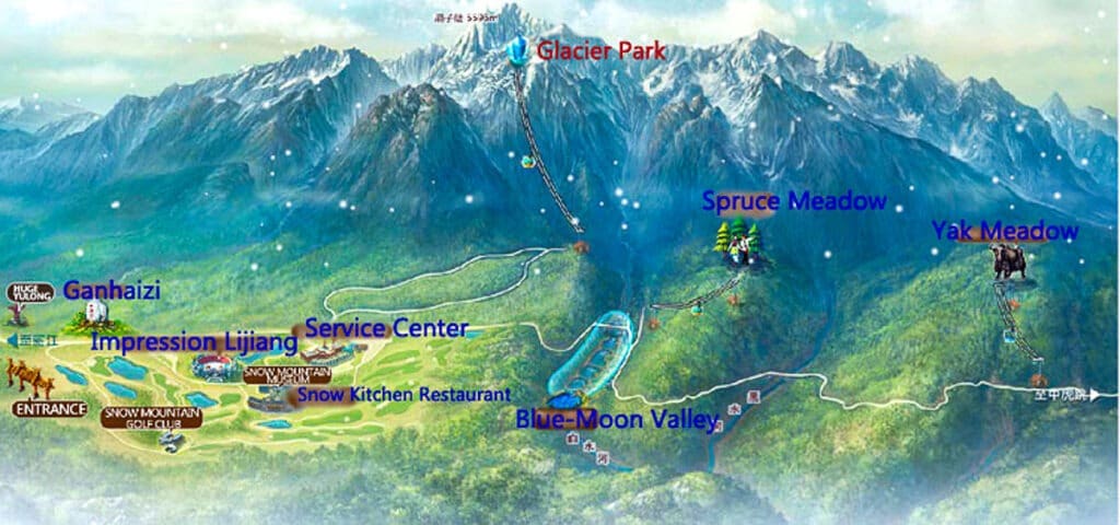 แผนที่ท่องเที่ยวอุทยานแห่งชาติภูเขาหิมะมังกรหยกแสดงจุดท่องเที่ยวต่างๆ