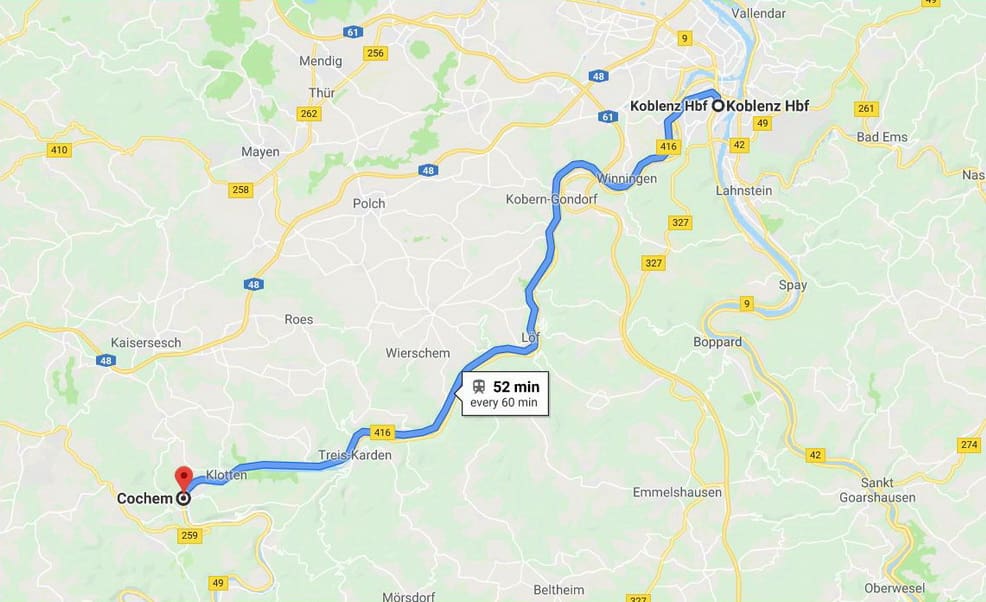 แผนที่เส้นทางสู่เมือง Cochem