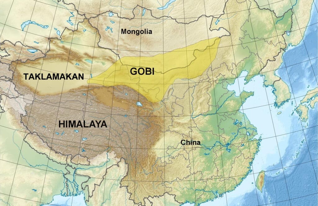 แผนที่ทะเลทรายโกบีและทากลามากันบนเส้นทางสายไหม