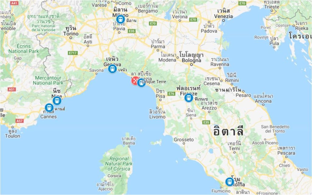 แผนที่เส้นทางเดินทางสู่ Cinque Terre