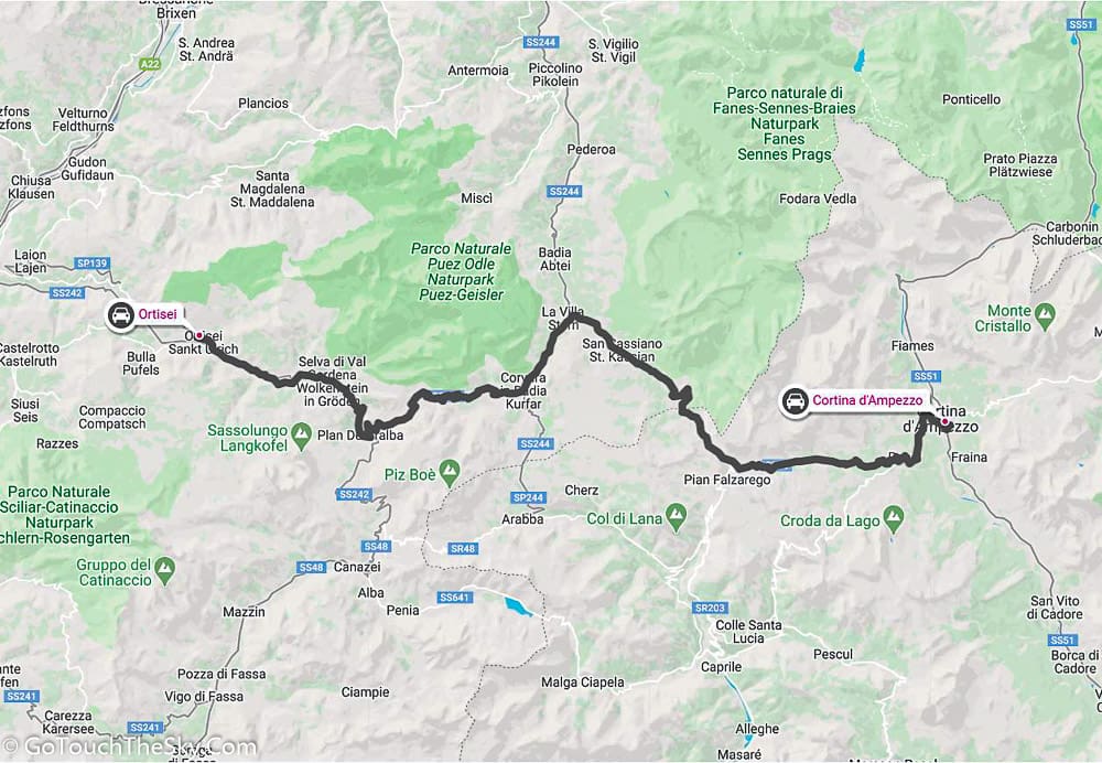 แผนที่เส้นทาง Ortisei สู่ Cortina