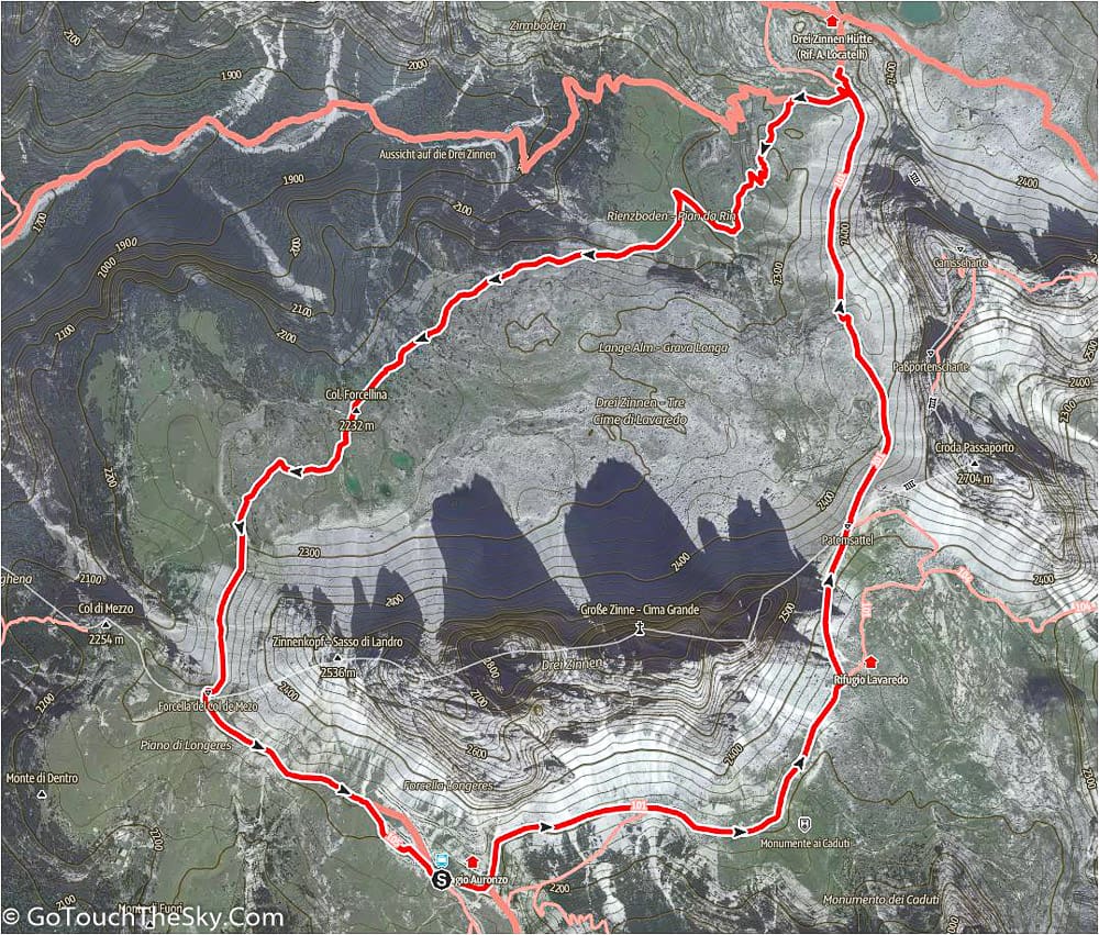 แผนที่เส้นทางเดินเทรล Tre Cime
