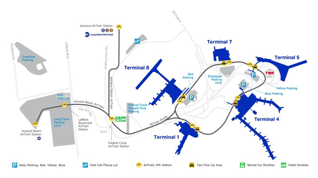 แผนผังสนามบิน JFK แสดงเทอร์มินัลและเส้นทาง AirTrain