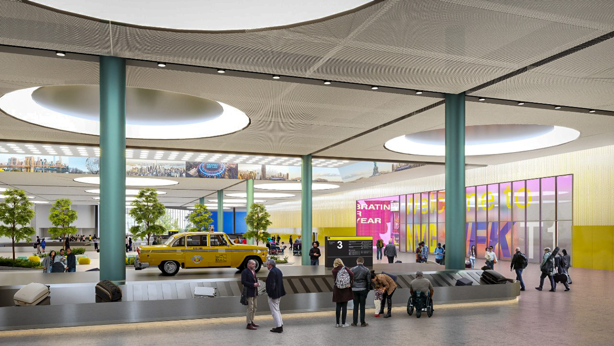 ภาพจำลองบรรยากาศบริเวณโถงรอรับกระเป๋าสัมภาระ (Baggage Claim) สำหรับผู้โดยสารขาลงเครื่อง ภายในโครงการ New Terminal One (NTO) สนามบิน JFK
