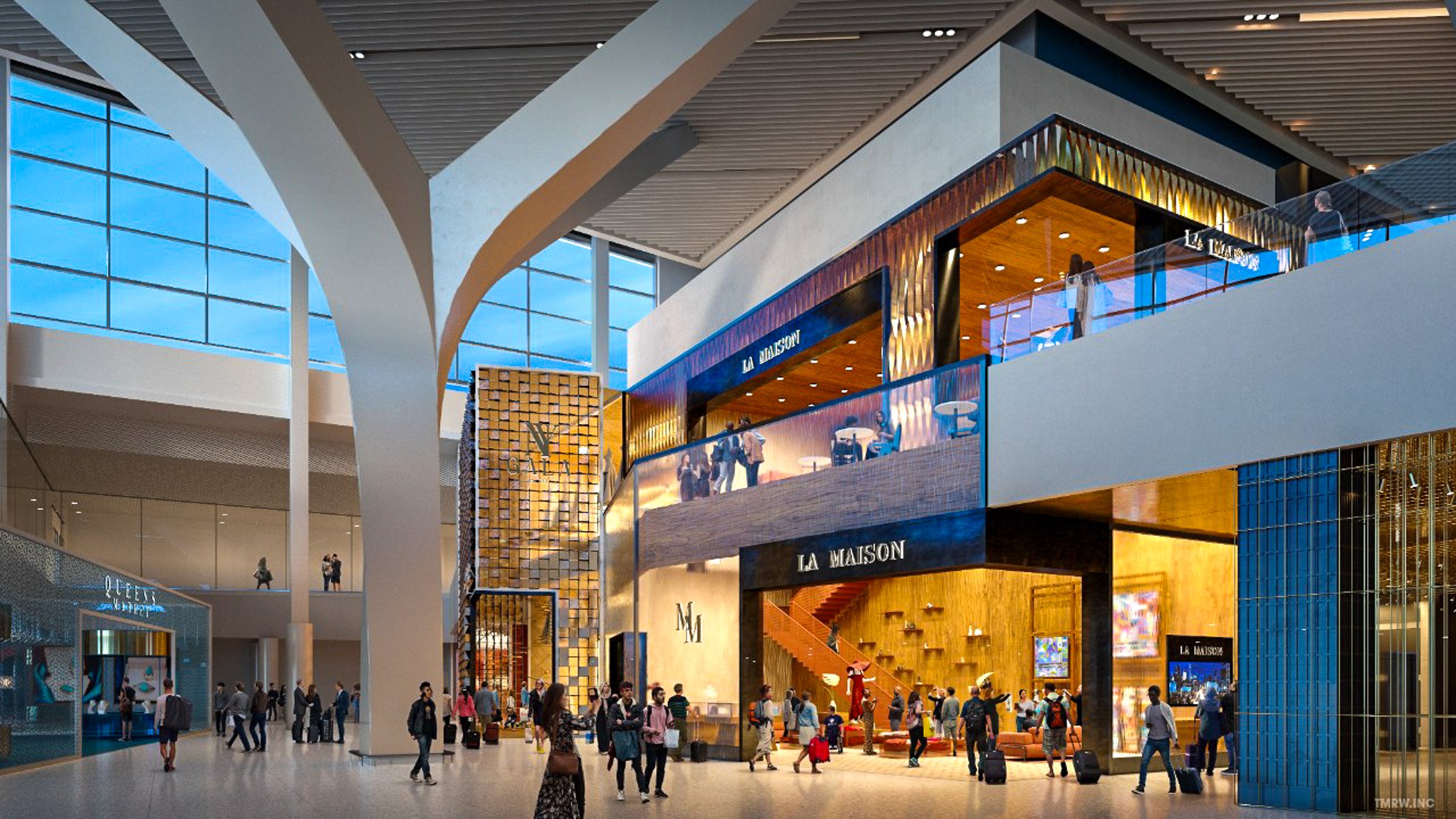 ภาพจำลองบรรยากาศภายในโถงผู้โดยสารของ New Terminal One มีเพดานลายไม้สูงโปร่งและพื้นที่พักผ่อนกว้างขวาง
