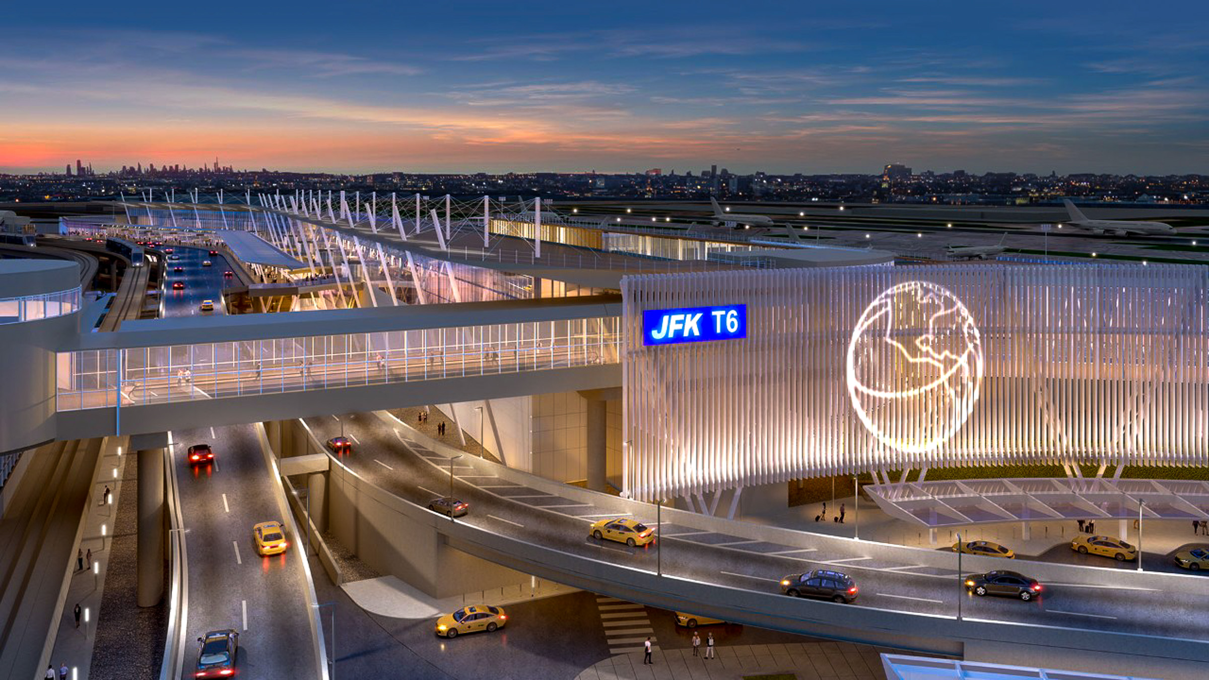 ภาพจำลองสถาปัตยกรรมภายนอกอาคารผู้โดยสาร Terminal 6 ของสนามบิน JFK ดีไซน์ทันสมัยพร้อมพื้นที่จอดรับส่งผู้โดยสารด้านหน้า