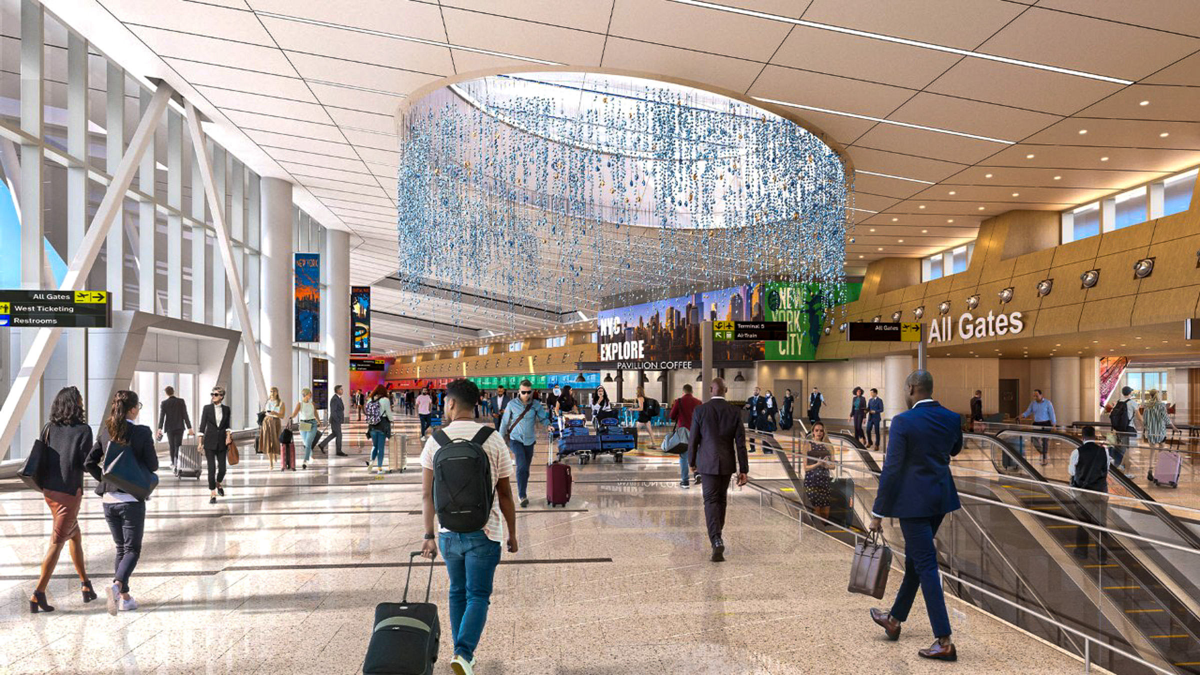 ภาพจำลองพื้นที่โถงทางเดิน ภายในอาคารผู้โดยสารสนามบิน JFK Terminal 6 ตกแต่งสวยงาม บรรยากาศโอ่โถง-ทันสมัย