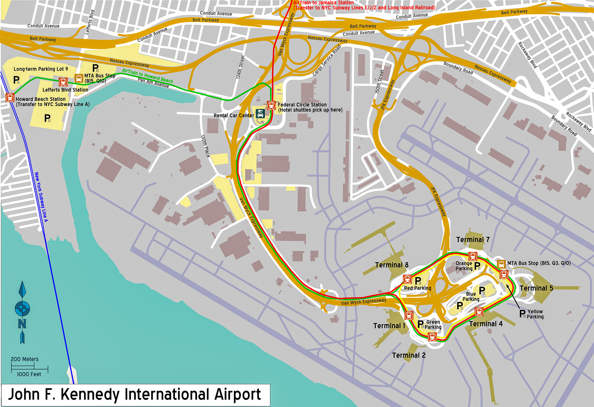 แผนผังอาคารผู้โดยสาร (Terminal) ทั้งหมดของสนามบิน JFK พร้อมเส้นทางของรถไฟ AirTrain และสถานีรถไฟเข้าเมือง