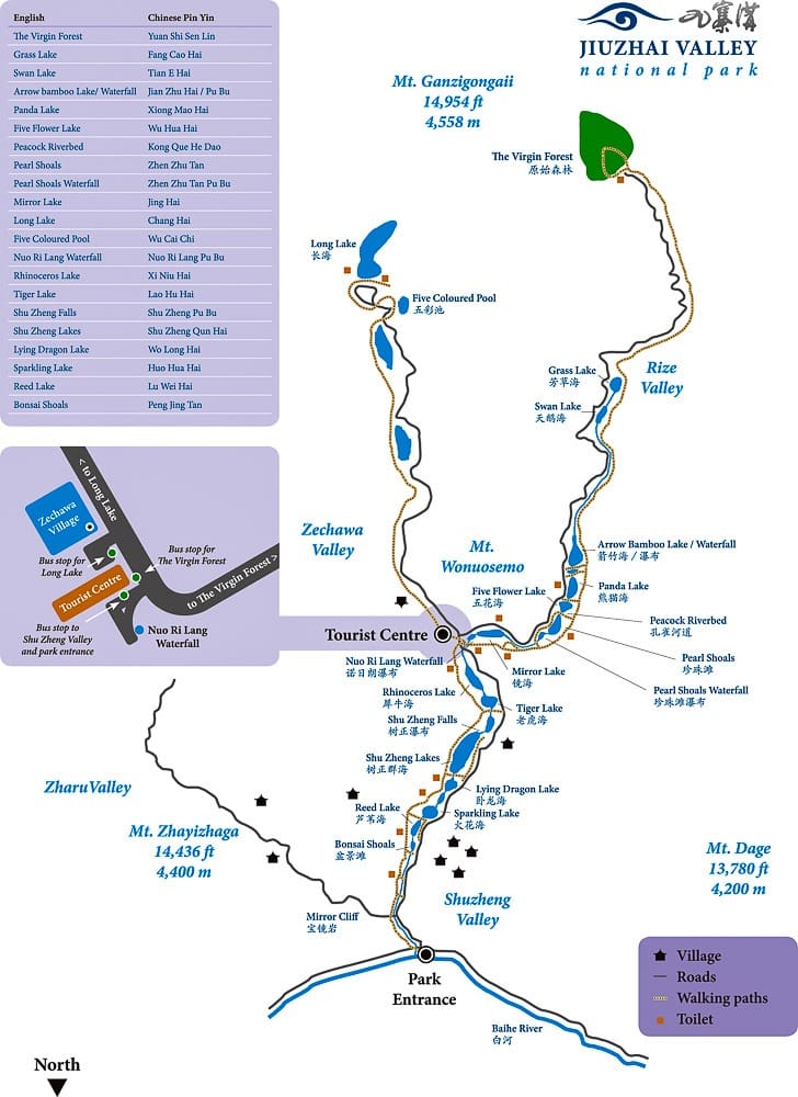 แผนผังจุดท่องเที่ยวของอุทยานจิ่วจ้ายโกว