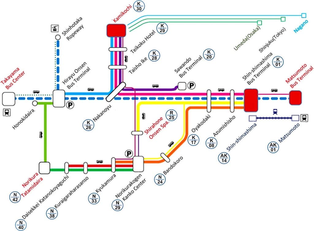 แผนที่จุดจอดรถและเส้นทางรถชัตเติ้ลบัสสู่คามิโคจิ