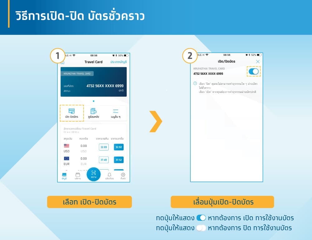 เปิดปิดการใช้งานบัตรผ่านแอป