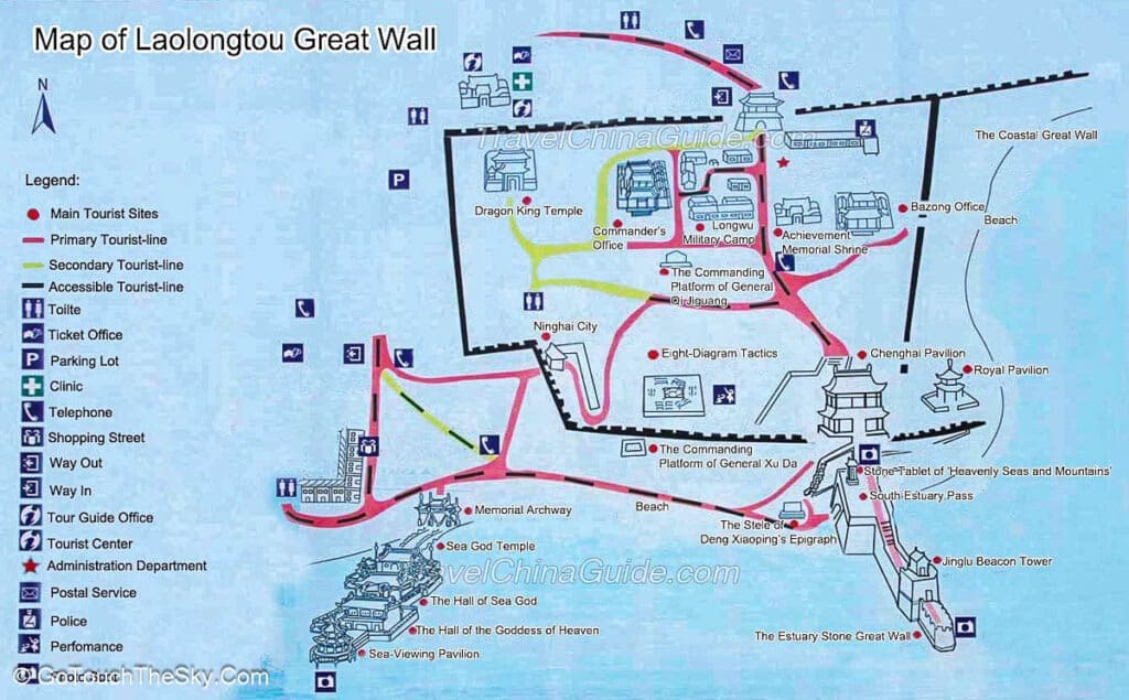 แผนที่บริเวณเหล่าหลงโถวแสดงจุดท่องเที่ยวและเส้นทางเดินชม