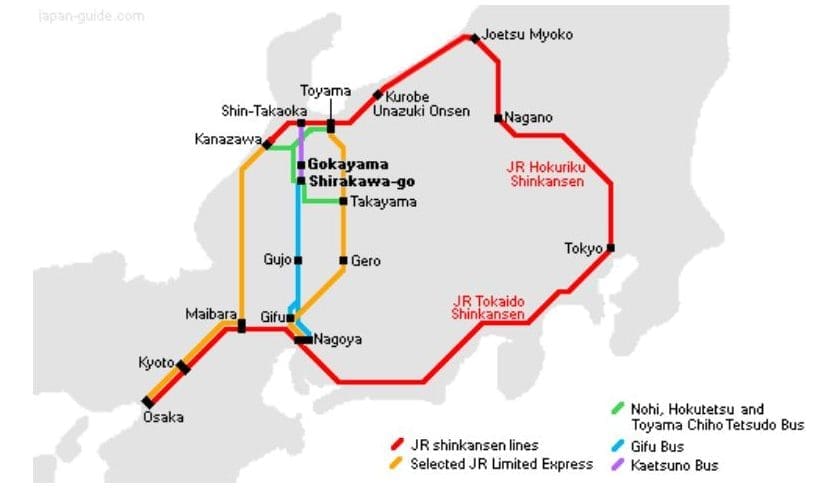 เส้นทางเดินทางสู่หมู่บ้านชิราคาวาโกะจากเมืองต่างๆ