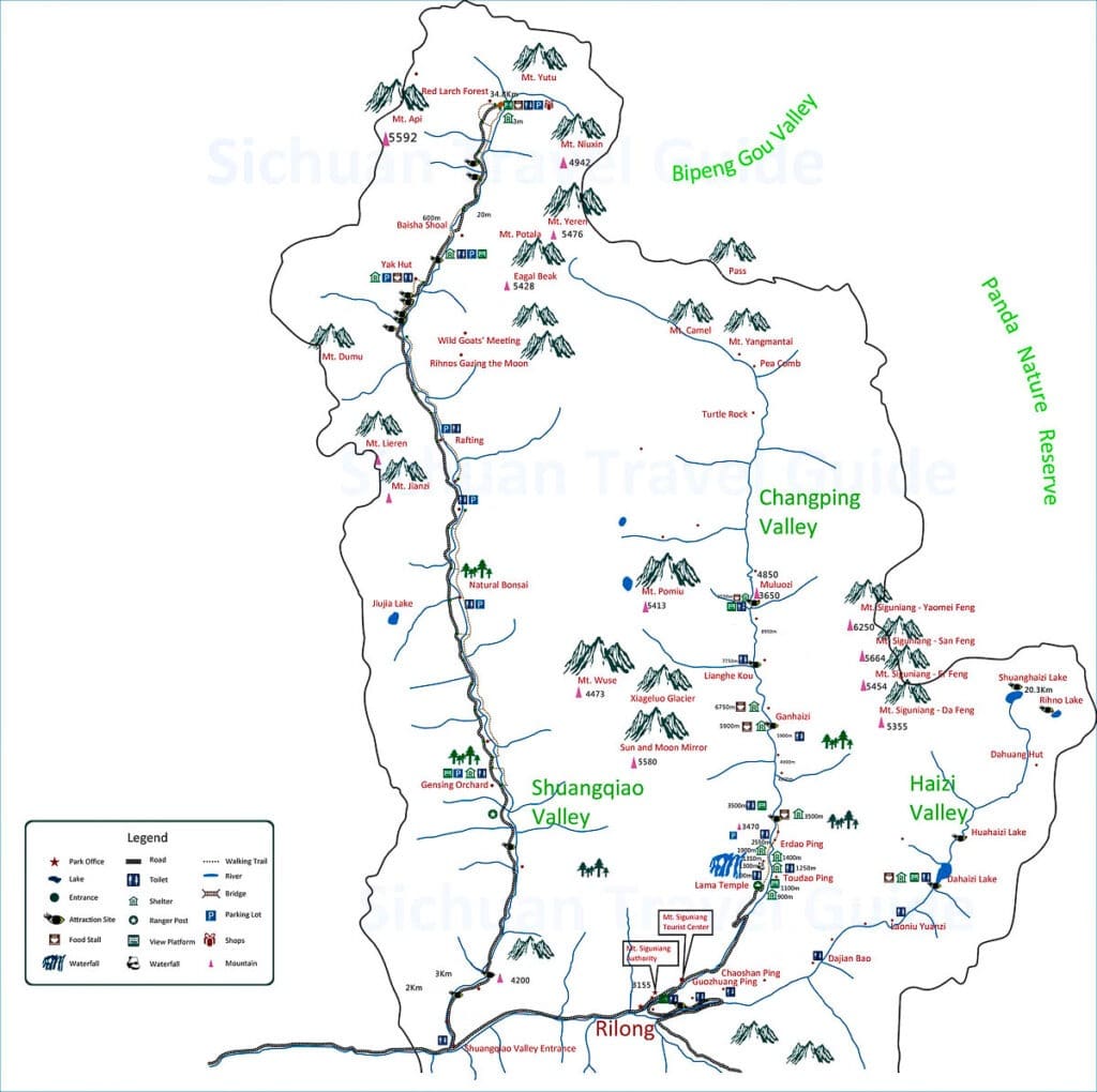 แผนที่ท่องเที่ยวอุทยานซื่อกูเหนียงซานแสดงหุบเขาทั้งสาม
