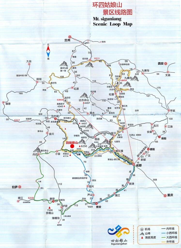 แผนที่เส้นทางจากเฉิงตูไปซื่อกูเหนียงซาน