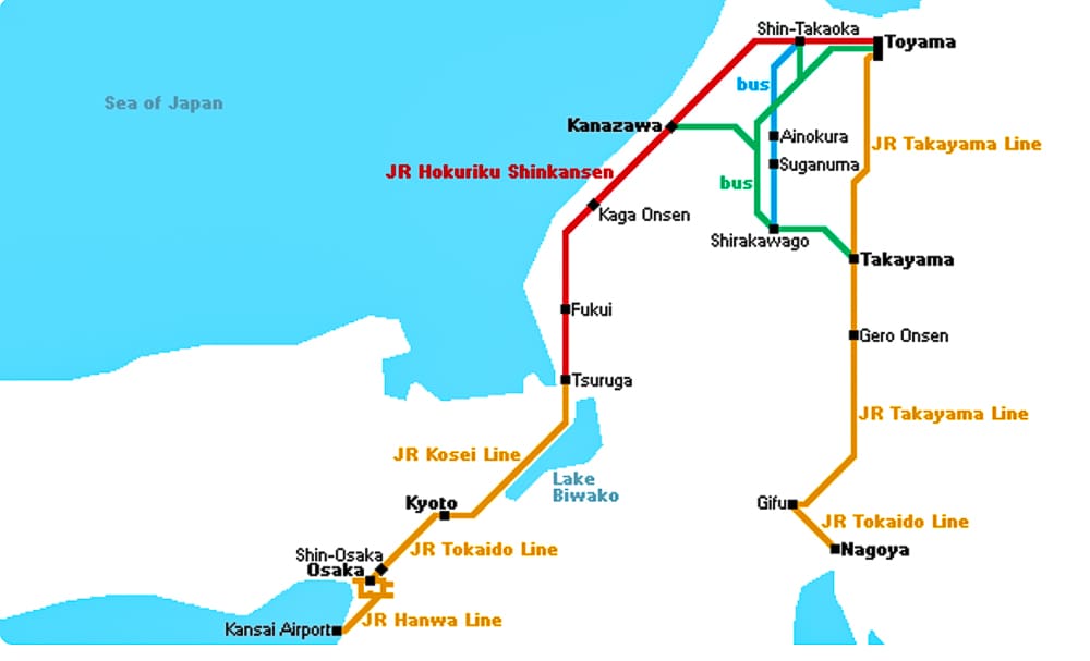 แผนที่เส้นทางรถไฟและรถบัสภูมิภาคชูบุ