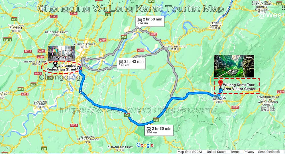แผนที่ท่องเที่ยวเขตคาร์สต์หวู่หลงและเส้นทางจากฉงชิ่ง